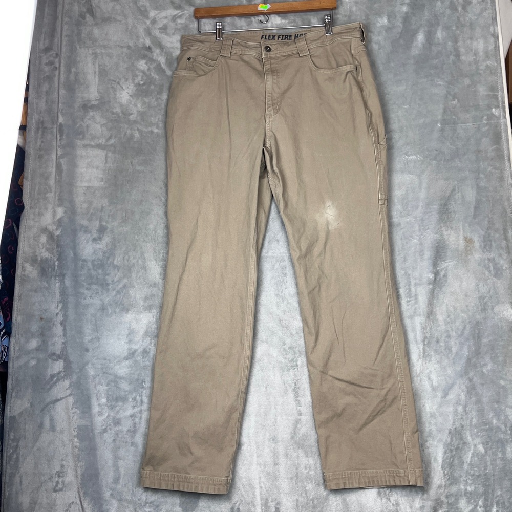 Duluth Trading Co Flex Fire Hose Work Pants Mens 37x32 Khaki Tan Canvas Utility